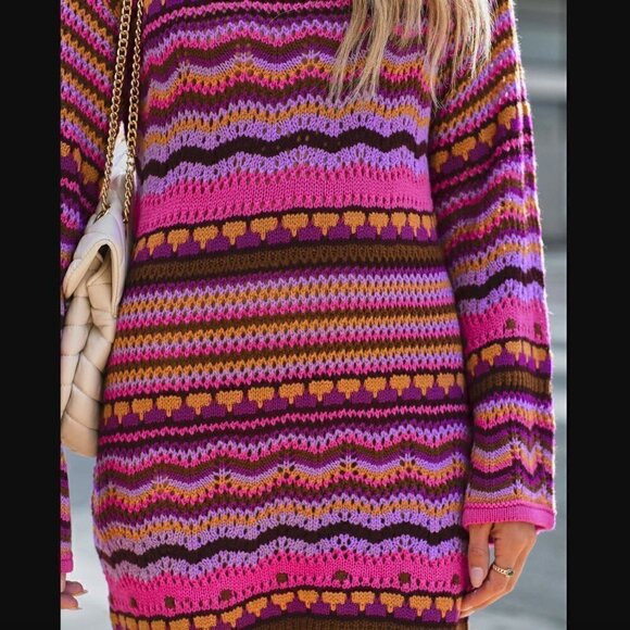 VICI Free The Roses L NWT Crochet Knit Multi Colored Dress Fuchsia Multi Long - Picture 6 of 12
